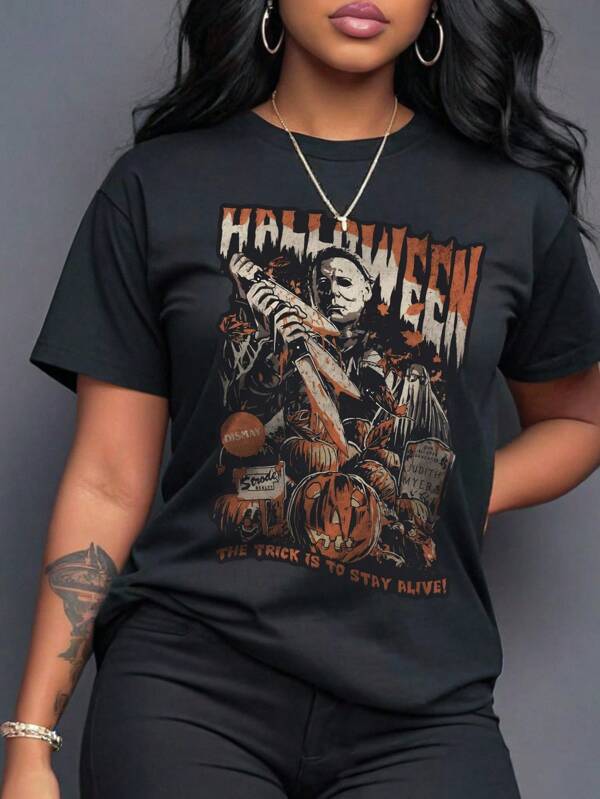 Maweii Plus Size Men Pumpkin Portrait Letter Graphic Round Neck Short Sleeve T-Shirt, Halloween