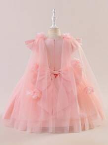 Glamorique Kids 小女孩蝴蝶结装饰网纱薄纱公主裙，带3D花朵装饰，适合派对穿着 - 粉色 - 查看 2