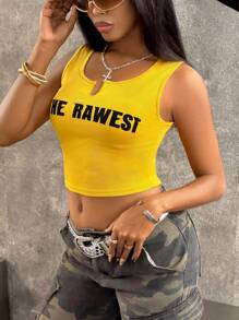 SHEIN Áo crop top ôm vừa vặn mùa hè in chữ và cổ khoét hở dành cho nữ - Màu vàng - Xem 4
