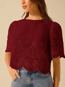 CAJUNI Áo crop top ren khoét vai đơn giản cho kỳ nghỉ của phụ nữ - Màu Đỏ Sâu - Xem 3