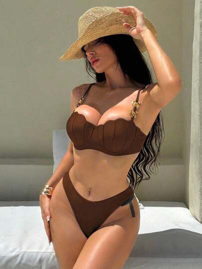 Swim SXY Women Solid Gathered Cami Top And Tankini Bottoms 2 Pieces Swimwear Set, Beach Summer Outfits