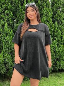 SHEIN EZwear Vestido de talla grande para mujer con cuello de encaje y encaje con copos de nieve y aspecto desgastado de chiffon - Negro - Ver 4