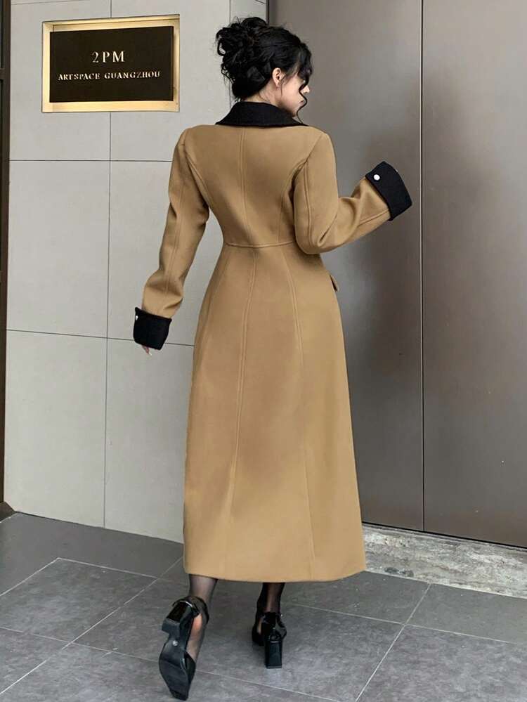 Women's Elegant Long Overcoat, Colorblock Lapel With Waist Cinched Design, Winter Warm Outerwear