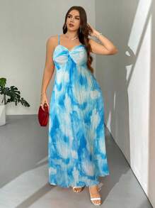 Firerie 加大码优雅度假海滩浪漫约会无袖扭纹露肩宽松超长 A 字连衣裙，橙色扎染褶皱面料，随机花卉印花，适合女性 - 藍白色 - 查看 1