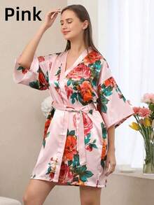 1件花卉图案丝滑缎面睡袍，适合婚礼、新娘派对、伴娘穿着，女士睡袍，和服式睡袍，单身派对、告别单身派对、母亲节等场合。 - 彩色 - 查看 11