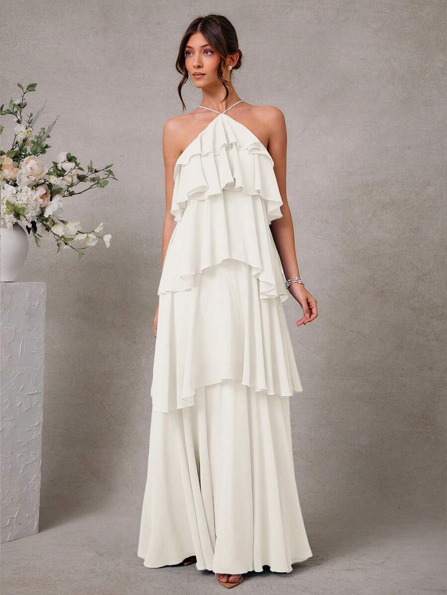 L'Amorae Elegant Romantic Wedding Guest Solid Halter Tiered Chiffon Maxi Dress