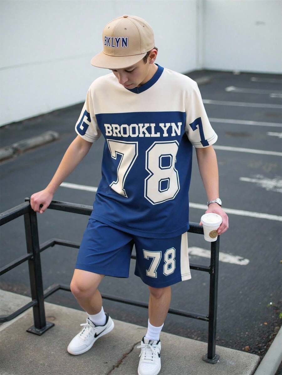 2pcs/Set Tween Boy Vintage American Style Contrast Color Block Numeral Print T-Shirt And Shorts Set - Royal Blue - View 1