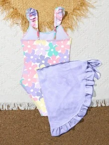 Traje de baño de una pieza para niña preadolescente con estampado floral y falda de volantes