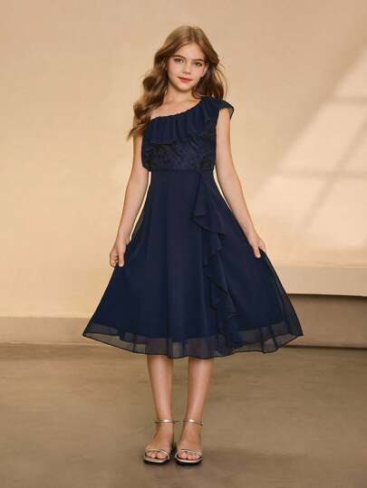 Tween Girls' Lace Chiffon Sleeveless One Shoulder Ruffle Hem Dress, Suitable For Ball, Party, Festival