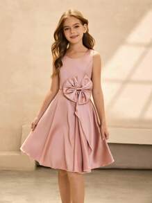 Girls' Round Neck Sleeveless Bow Decor Elegant Dress, Suitable For Meetings, Gatherings, Weddings - Pink - View 6