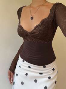 Muchica 棕色蕾丝拼布针织修身女式 T 恤 - 咖啡棕 - 查看 1