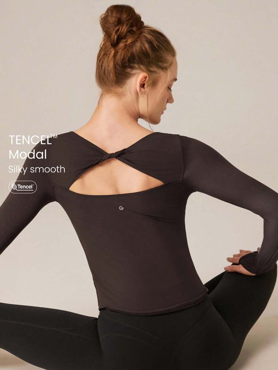 GLOWMODE Modal Knotted Back Long Sleeve Tee - Chocolate Brown - View 1