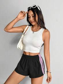 SHEIN PETITE 女士侧条纹松紧腰休闲宽松短裤夏季女士短裤 - 黑色 - 查看 2