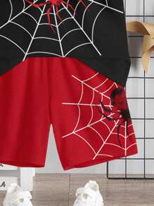 SHEIN 2 件套男童休闲简约卡通蜘蛛印花圆领短袖上衣和短裤套装，适合夏季 - 彩色 - 查看 6