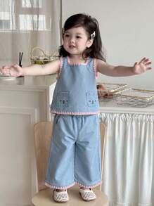 Hapijoa Ensemble blouse sans manches avec ligne décorative style coréen + pantalon large et ample en jean pour tout-petites filles - Jean clair - Voir 5