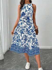 SHEIN LUNE Große Größen Ärmellose A-Linien Lässig Kleid mit Allover-Muster für Damen, Sommer Urlaubsoutfit Frau Boho Strandoutfit für Frau, Urlaubsoutfits Frühling & Sommer Lässig Urlaub Bohemien Porzellan-Muster Ärmellos knöchellang Kleid für berufstätige Lässig Frau - Blau-Weiß - Übersicht 4