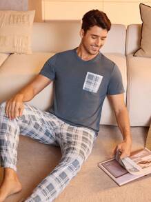 Manfinity Underwear&Sleepwear Basics Men's Plaid Short Sleeve And Long Pants Pajama Set - Dusty Blue - View 4
