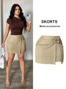 SHEIN SXY 夏季杏色二合一裹身开衩优雅半身裙 - 杏色 - 查看 1