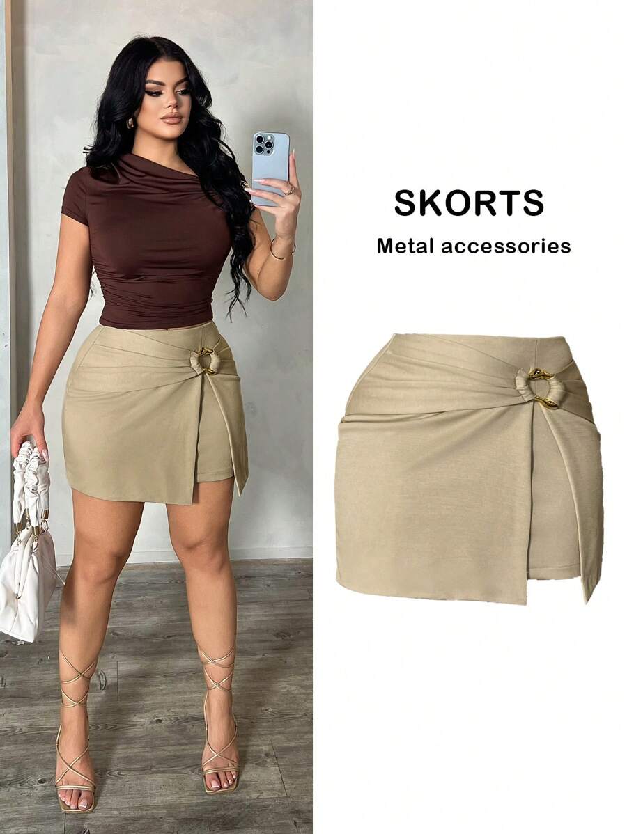 SHEIN SXY 夏季杏色二合一裹身开衩优雅半身裙 - 杏色 - 查看 1