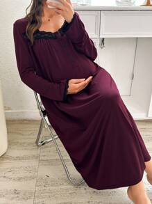 Moonlight&Mama Maternity Women Casual Lace Patchwork Aweetheart Neck Loose Long Sleeve Nightdress, Fall, Winter - Burgundy - View 4
