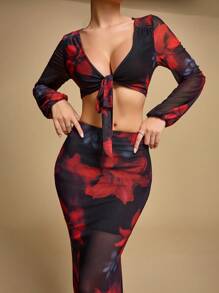 TrendSteals Summer Floral Print Mesh Patchwork A-Line Skirt Fall Women Clothes Back To School - Black - View 6