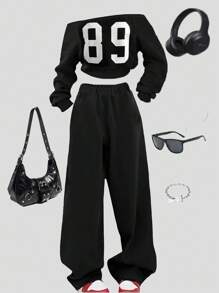 Teen Girl Number Print Off-Shoulder Long Sleeve Sweatshirt And Sweatpants Casual Suit - Black - View 1