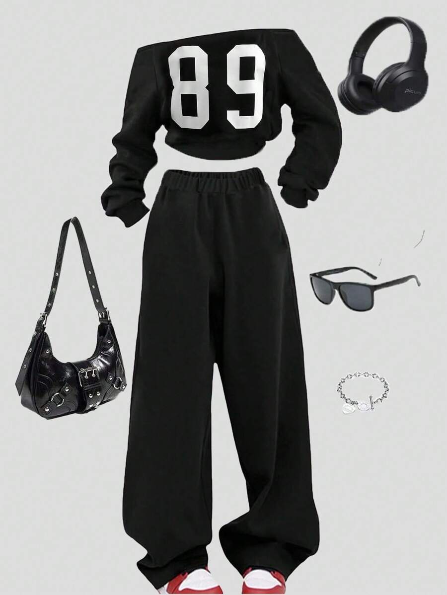 Teen Girl Number Print Off-Shoulder Long Sleeve Sweatshirt And Sweatpants Casual Suit - Black - View 1