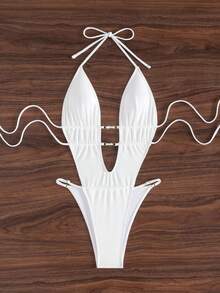 Swim SXY Women's Sexy Hollow Beaded Halter High Cut Backless Solid Color Swimsuit - White - View 4