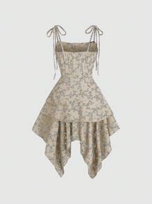 SHEIN Unity 女士碎花不对称下摆吊带连衣裙 - 杏色 - 查看 3