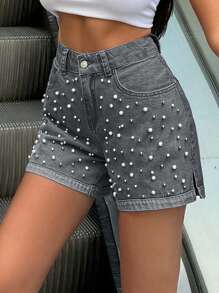 EURMUSE Quần short denim thường ngày mùa hè 100% cotton có đính đinh tán trang trí - Màu Xám nhạt - Xem 7