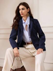 Briarwyn Áo khoác Blazer nữ tay dài thanh lịch in họa tiết sọc cài nút phía trước, mùa thu cho nữ, mùa đông cho nữ, phong cách cổ điển, trở lại trường, giáo viên cho nữ, áo khoác mùa đông - Màu xanh hải quân - Xem 3
