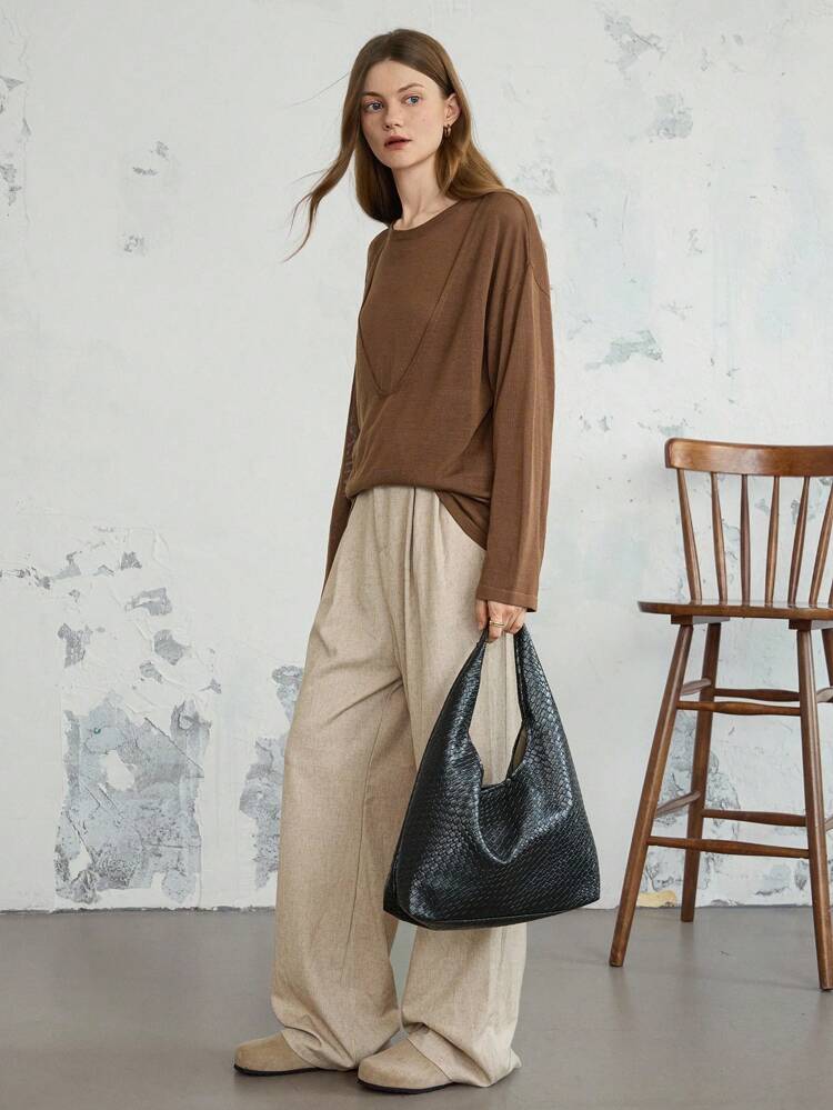 2pcs/Set Women Spring Autumn Loose Business Casual Office/Home Wear Solid Minimalist Sweater Vest Knit Outfit,Fall Women Clothes