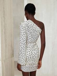 Aveloria Modichic French Elegant White With Black Polka Dots Summer Short Dress For Women,Asymmetric Long Sleeve Padded Shoulder Cinched Waist Ruched Hem Bar Party - Multicolor - View 3
