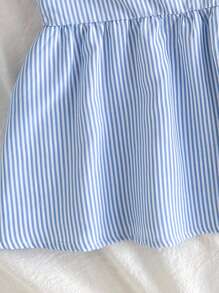 SHEIN 青少年女孩休闲简约舒适方领荷叶边条纹衬衫 - 藍色 - 查看 3