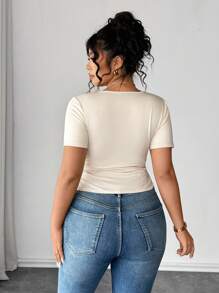 Elenzga Plus Size Women's Solid Color Short Sleeve Tank Top, Summer Fashion - Beige - View 2