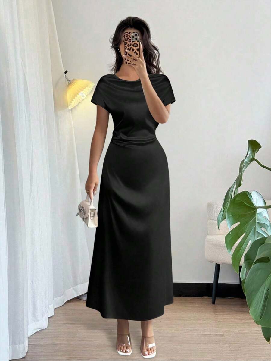 Rafferiza 女士优雅约会/通勤高领系带连衣裙，短袖 - 黑色 - 查看 1