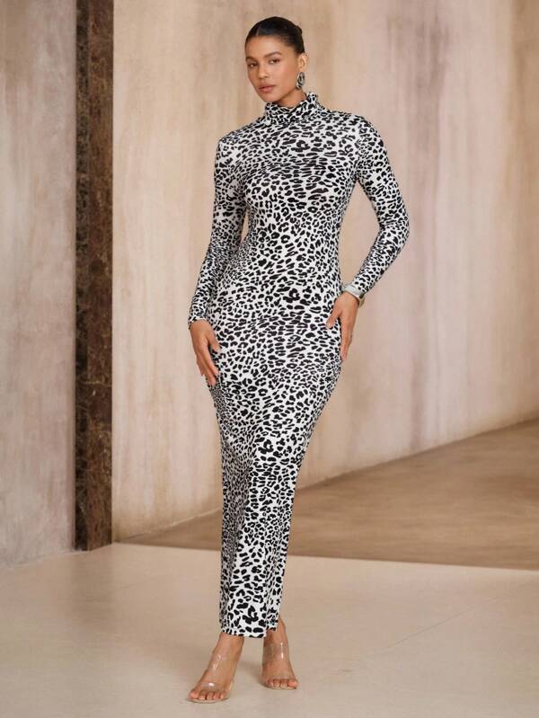 Arave Dames gebreide dierenprint lange mouwen mock hals getailleerde lange jurk voor herfst/winter
