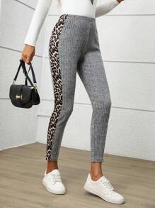 EMERY ROSE Quần legging họa tiết da báo, họa tiết động vật, cạp chun co giãn, quần legging nữ, quần co giãn thường ngày, quần legging có gân, quần áo mùa thu cho nữ, quần họa tiết da báo cho nữ - Xám - Xem 8