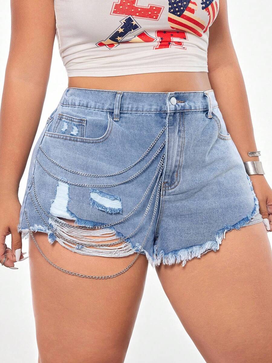 SHEIN ICON Große Größen lässige Jeans-Shorts mit Ketten-Dekor und Destroyed-Effekt - Helle Waschung - Übersicht 1