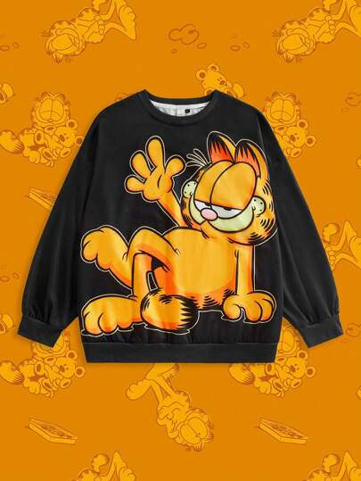 GARFIELD | SHEIN Sudadera de cuello redondo casual de uso diario con estampado de gatos, talla grande