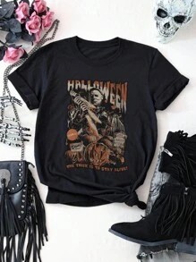 Maweii Plus Size Men Pumpkin Portrait Letter Graphic Round Neck Short Sleeve T-Shirt, Halloween