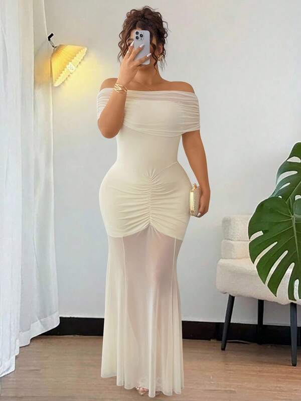 Elenzga Plus Size Elegant Graceful Sexy Off Shoulder Ruched Mesh Panel See-Through Dress