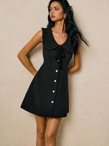 Poéselle Women's Summer Fashion Peter Pan Collar Button Short Dress - Black - View 7