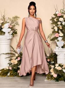 SOLERSUN Thời trang xuân hè cho nữ, tiệc sang trọng, màu tím, chất liệu dệt kim co giãn, thoải mái, chi tiết xếp nếp, váy dài xẻ tà, cổ áo bất đối xứng, viền bất đối xứng - Hồng - Xem 8