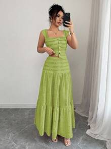 Rafferiza 优雅甜美针织提花纹理方领无袖前开裙，女式两件套，适合春夏季 - 綠色 - 查看 6