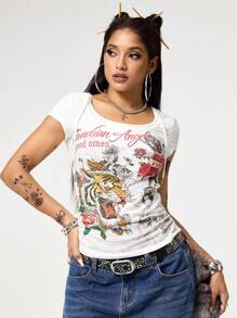 ROMWE Grunge Punk Y2K 复古性感虎纹藤蔓仿纹身印花高领紧身女式 T 恤