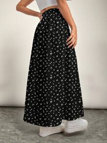 SHEIN VCAY Elegant Pleated Plus Size Maxi Skirt With Split Thigh For Summer Casual Looks Long Floral Skirt Long Skirt With Slit,Holiday Outfits For Women Fall Clothes Chic Dress