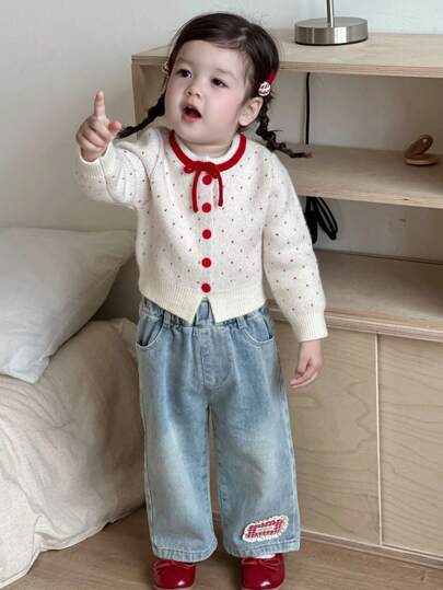 DAZY 女婴休闲可爱波点图案撞色蝴蝶结装饰开衫 幼儿女童服装