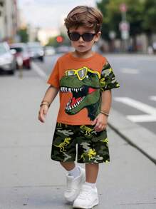 SHEIN 2pcs Boy Casual Minimalist Round Neck Short Sleeve T-Shirt And Shorts Set, Summer - Multicolor - View 2