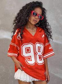 Coolane Kids 青少年女孩春夏节日街头服饰复古透气网眼数字图案棒球服红色球衣 - 酒紅色 - 查看 1